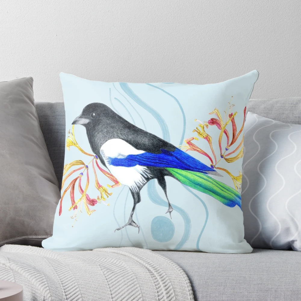 Colorful and realistic pillow design featuring a vibrant, multicolored bird in a natural setting.