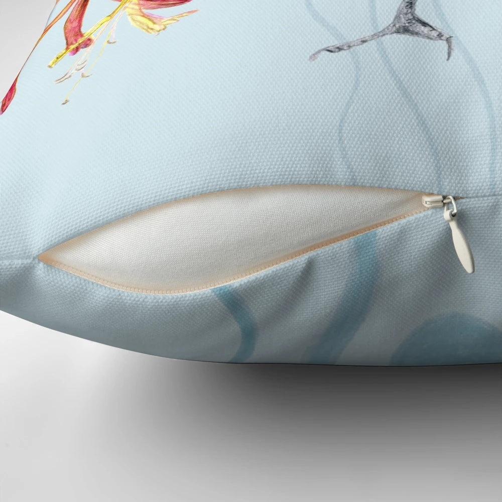 Colorful and realistic pillow design featuring a vibrant, multicolored bird in a natural setting.