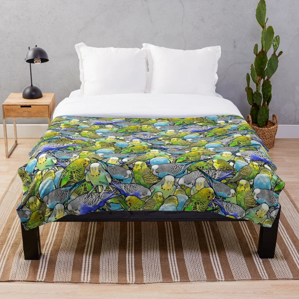 Multicolored plush blanket featuring a colorful budgie pattern design