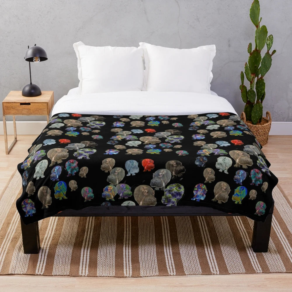 Colorful plush blanket featuring a collage of multiplied hippopotamuses in a surreal, psychedelic design