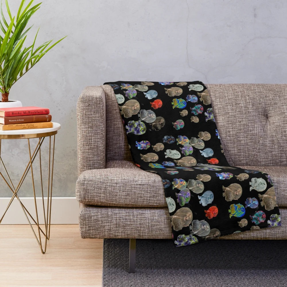 Colorful plush blanket featuring a collage of multiplied hippopotamuses in a surreal, psychedelic design