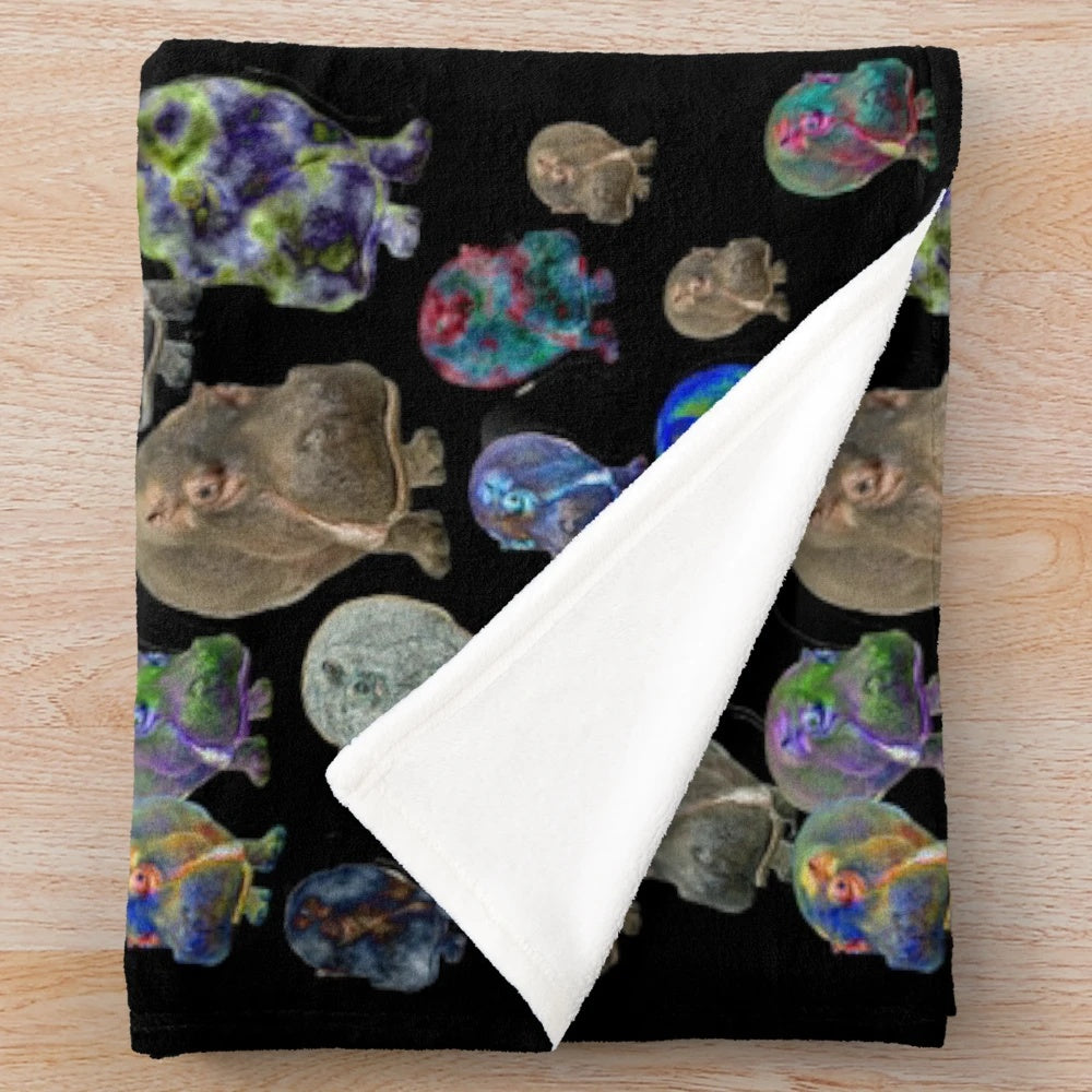Colorful plush blanket featuring a collage of multiplied hippopotamuses in a surreal, psychedelic design