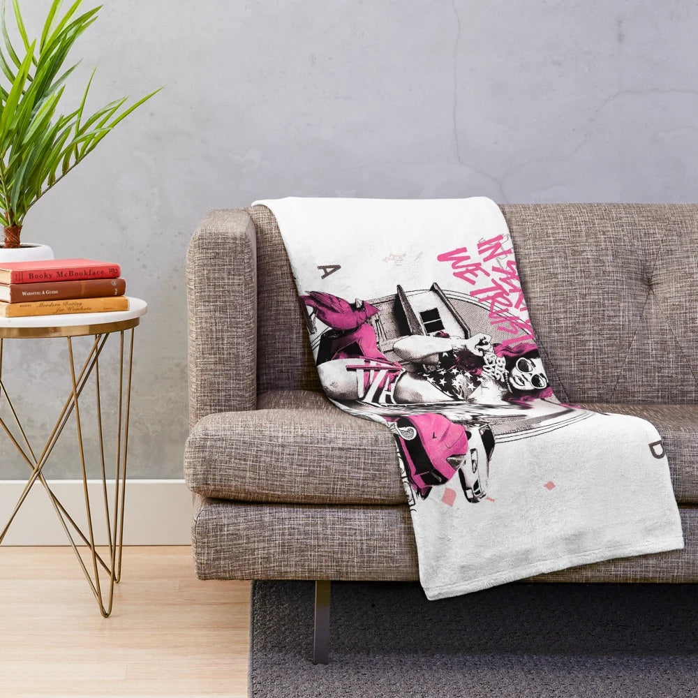 Vibrant plush blanket with hip hop inspired graphics and bold typography