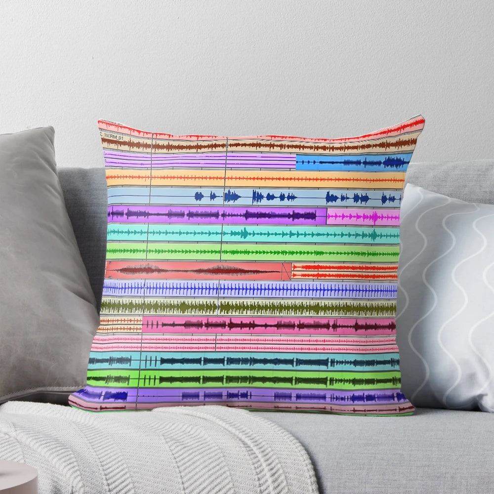 Colorful throw pillow featuring a creative design inspired by music production and audio engineering