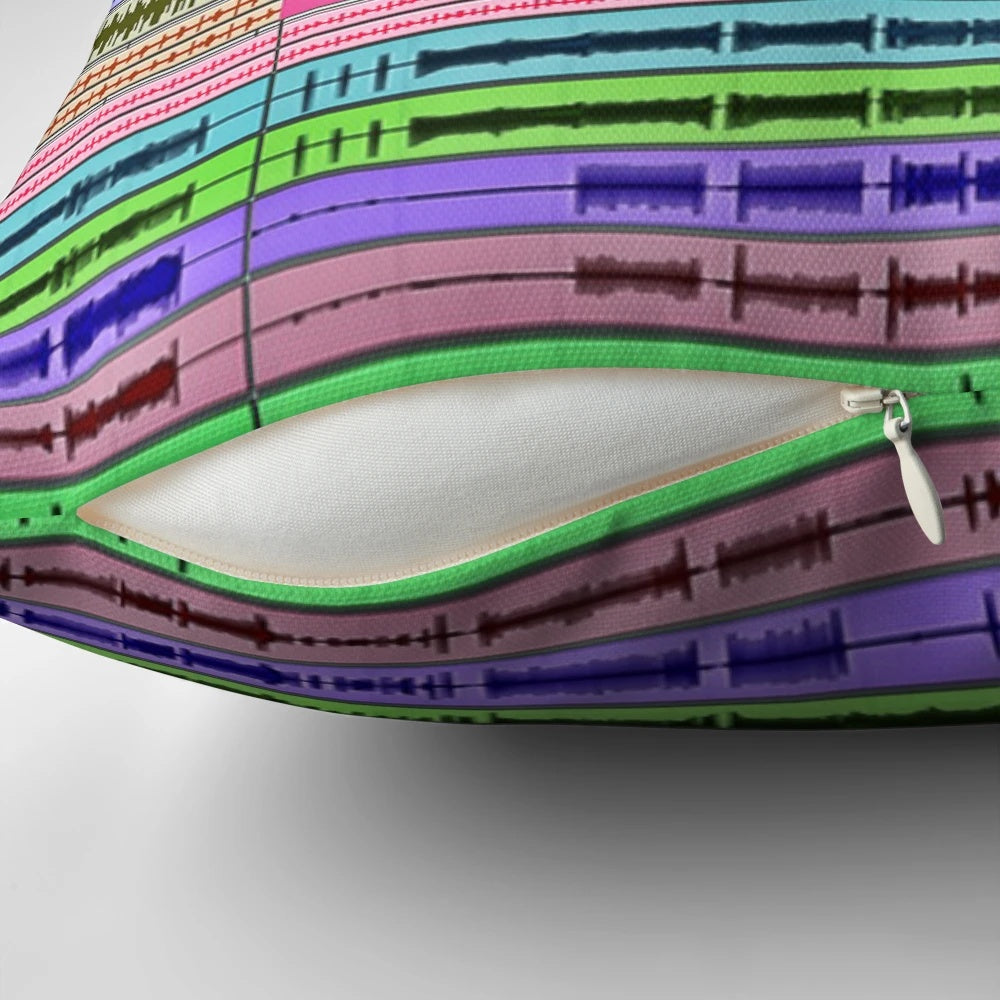 Colorful throw pillow featuring a creative design inspired by music production and audio engineering