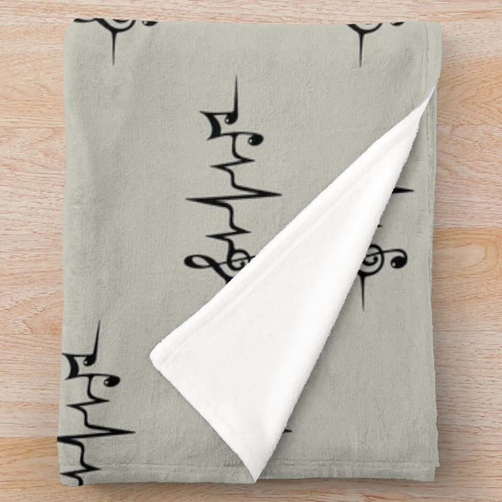 Music Pulse Plush Blanket with Heartbeat Notes and Clef Symbols