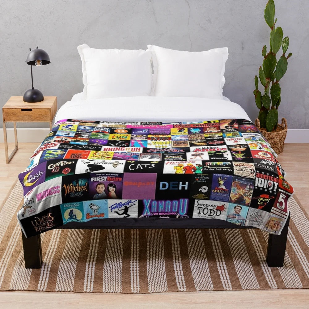 Plush blanket featuring a collage of Broadway and musical theater imagery