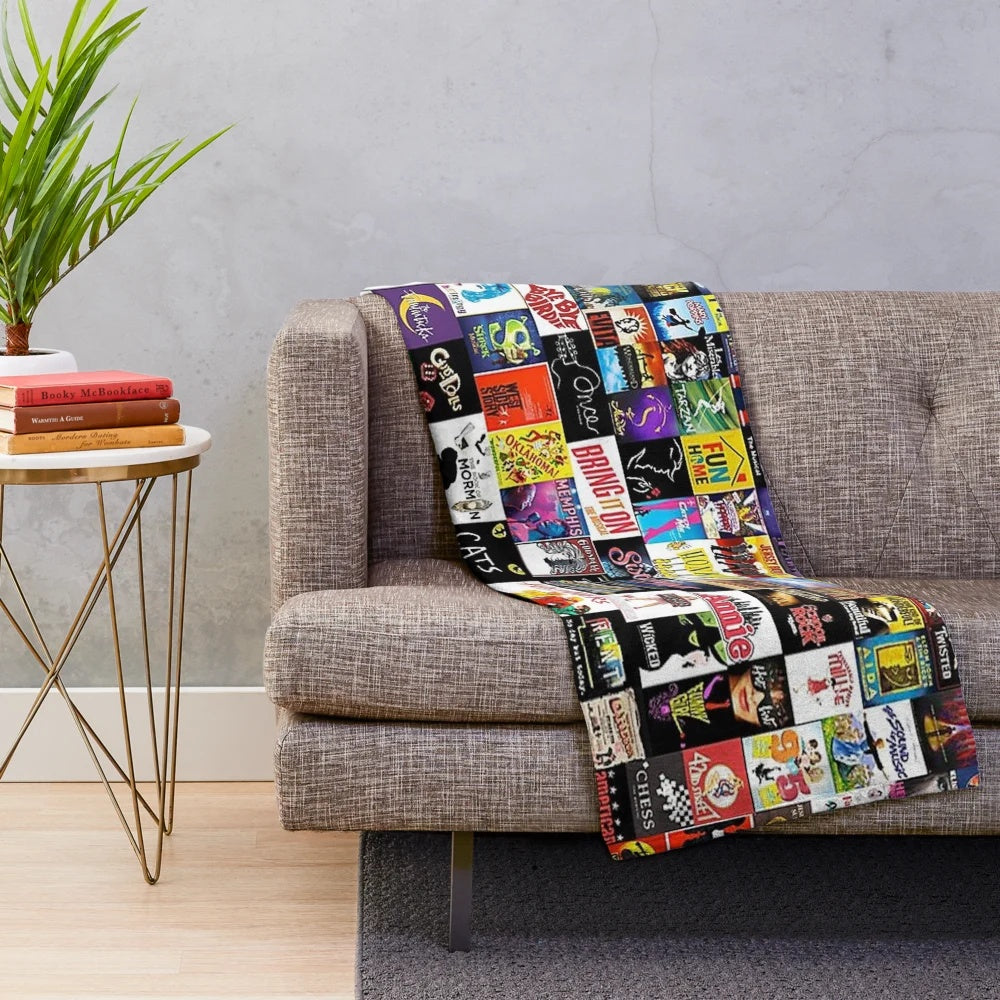 Plush blanket featuring a collage of Broadway and musical theater imagery