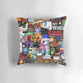 Colorful collage-style throw pillow featuring various musical theater imagery and text.