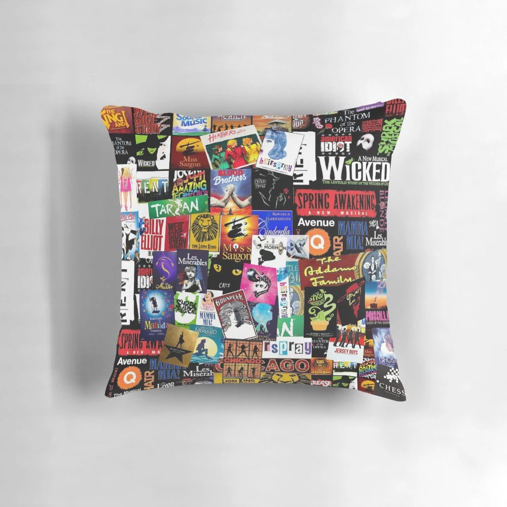 Colorful collage-style throw pillow featuring various musical theater imagery and text.