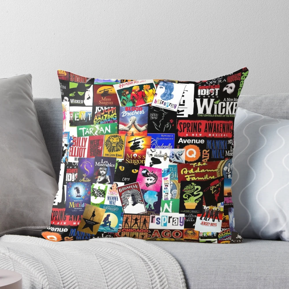 Colorful collage-style throw pillow featuring various musical theater imagery and text.