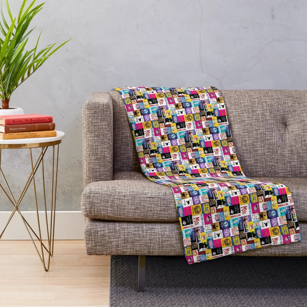 Colorful plush blanket featuring a musical theatre collage design