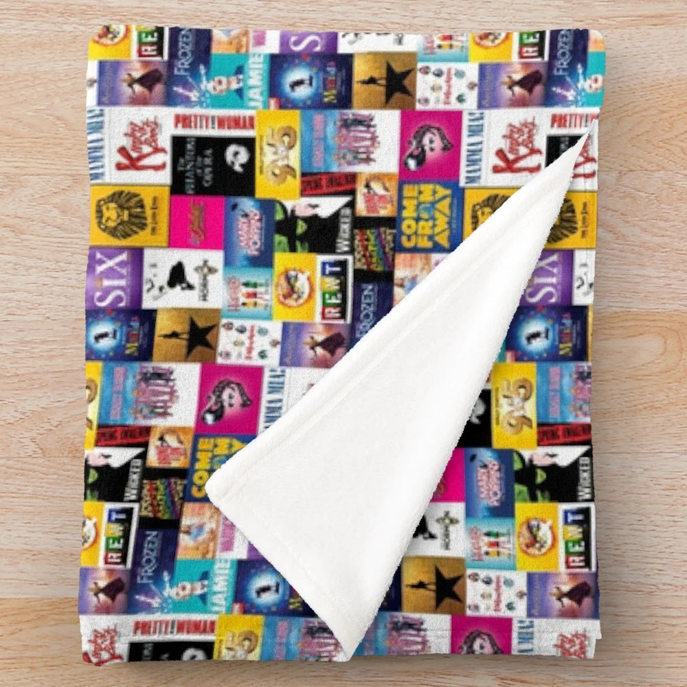 Colorful plush blanket featuring a musical theatre collage design
