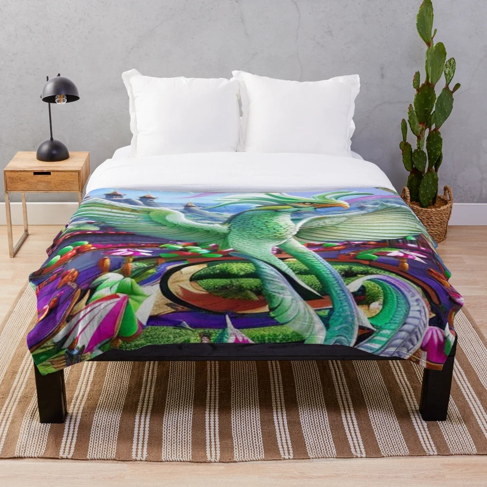 Colorful mystical phoenix plush blanket with vibrant patterns