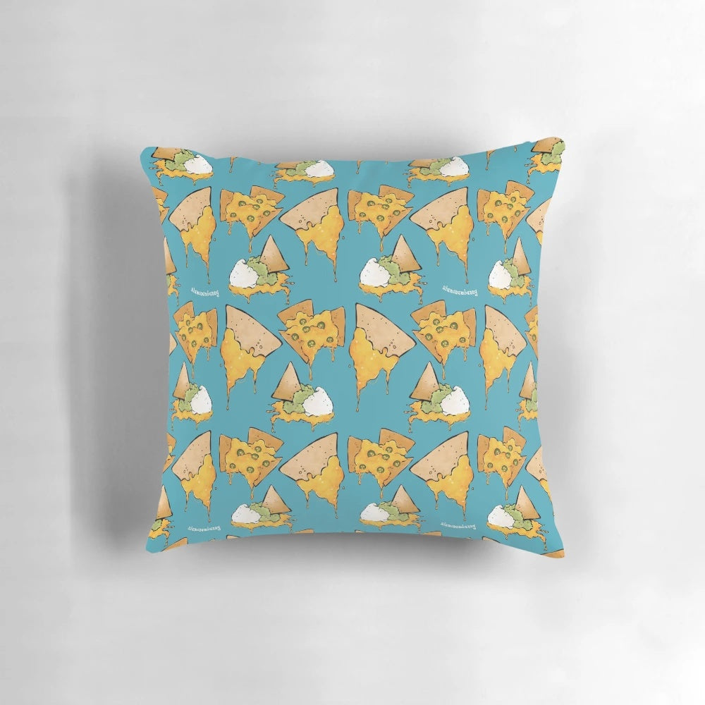 Colorful pillow featuring a bright and playful nachos pattern