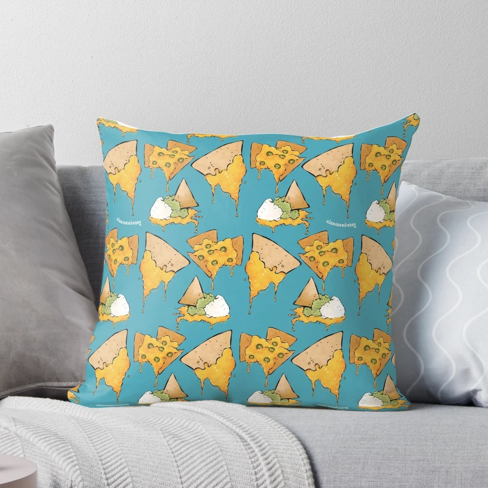 Colorful pillow featuring a bright and playful nachos pattern