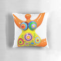 Vibrant orange pillow featuring a Nana-style design, a tribute to the iconic sculptures of Niki de Saint Phalle