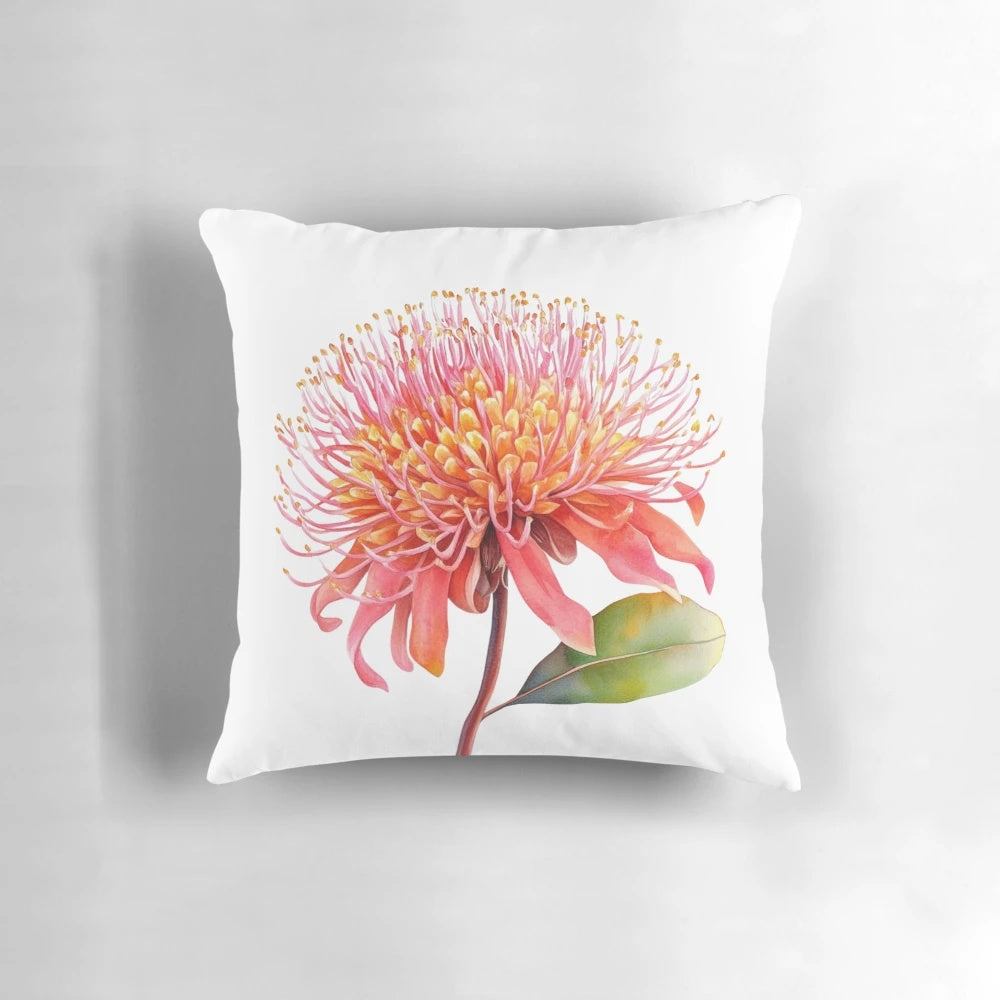 Colorful pillow featuring the iconic native Australian waratah (Telopea speciosissima) flower.
