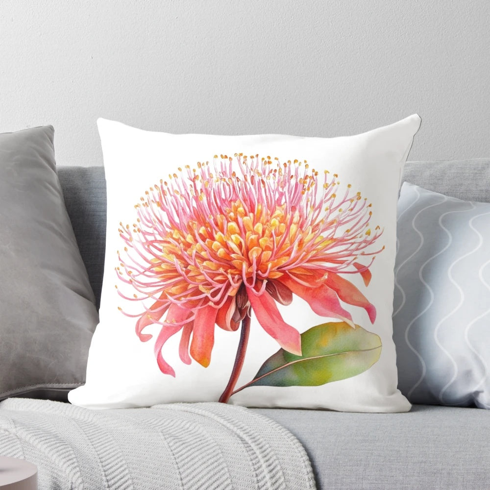 Colorful pillow featuring the iconic native Australian waratah (Telopea speciosissima) flower.