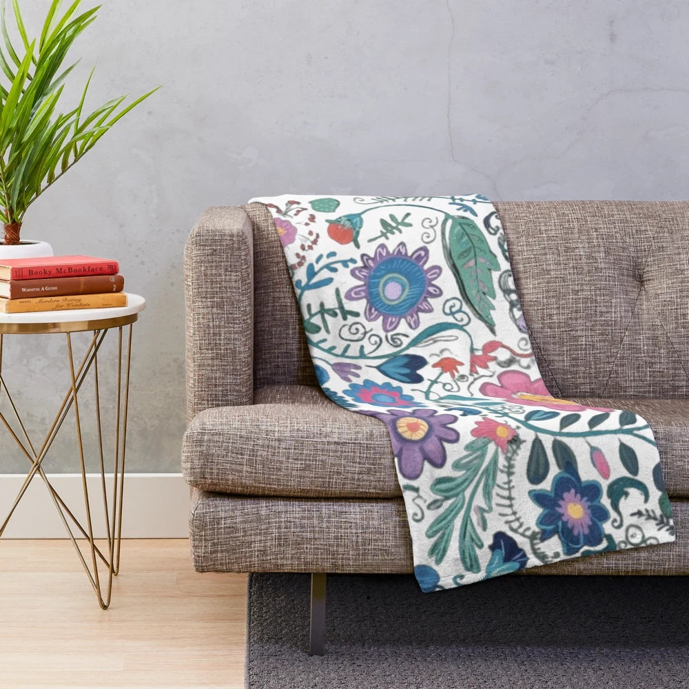 Colorful nature-inspired floral print plush blanket