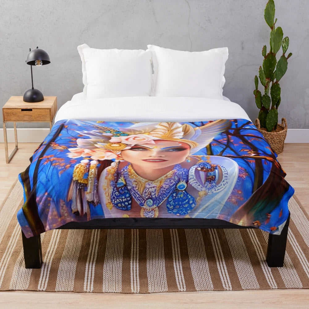 Colorful and artistic nature spirit plush blanket with floral and abstract patterns