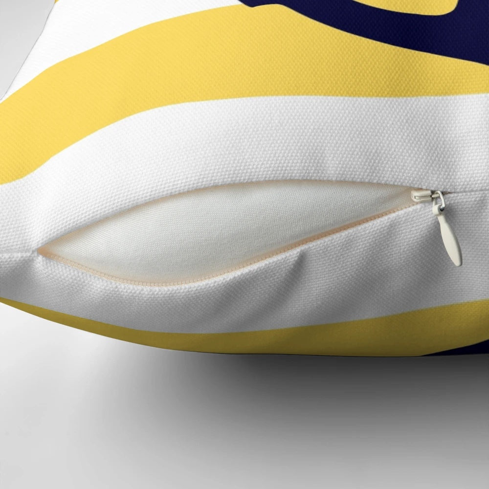 Mustard yellow and navy blue striped throw pillow with anchor design