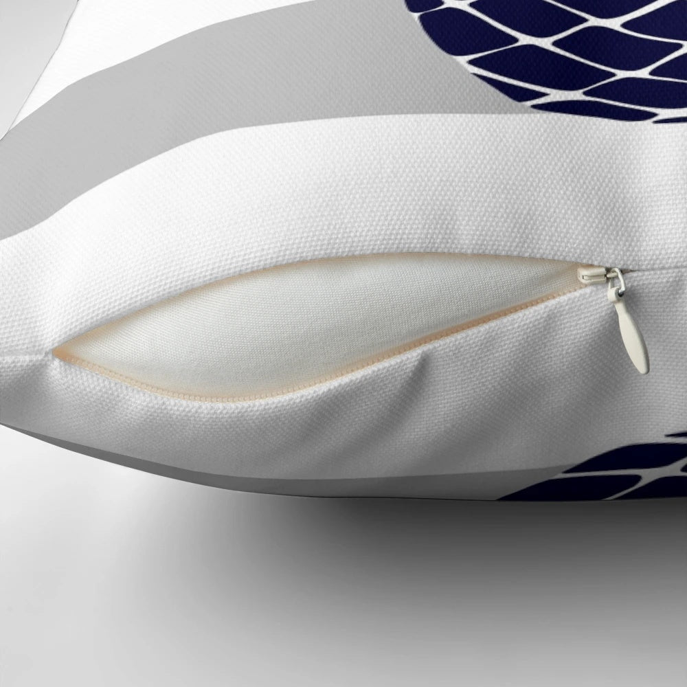 Navy blue and silver gray striped pillow with a bright pineapple design, perfect for tropical or coastal home decor