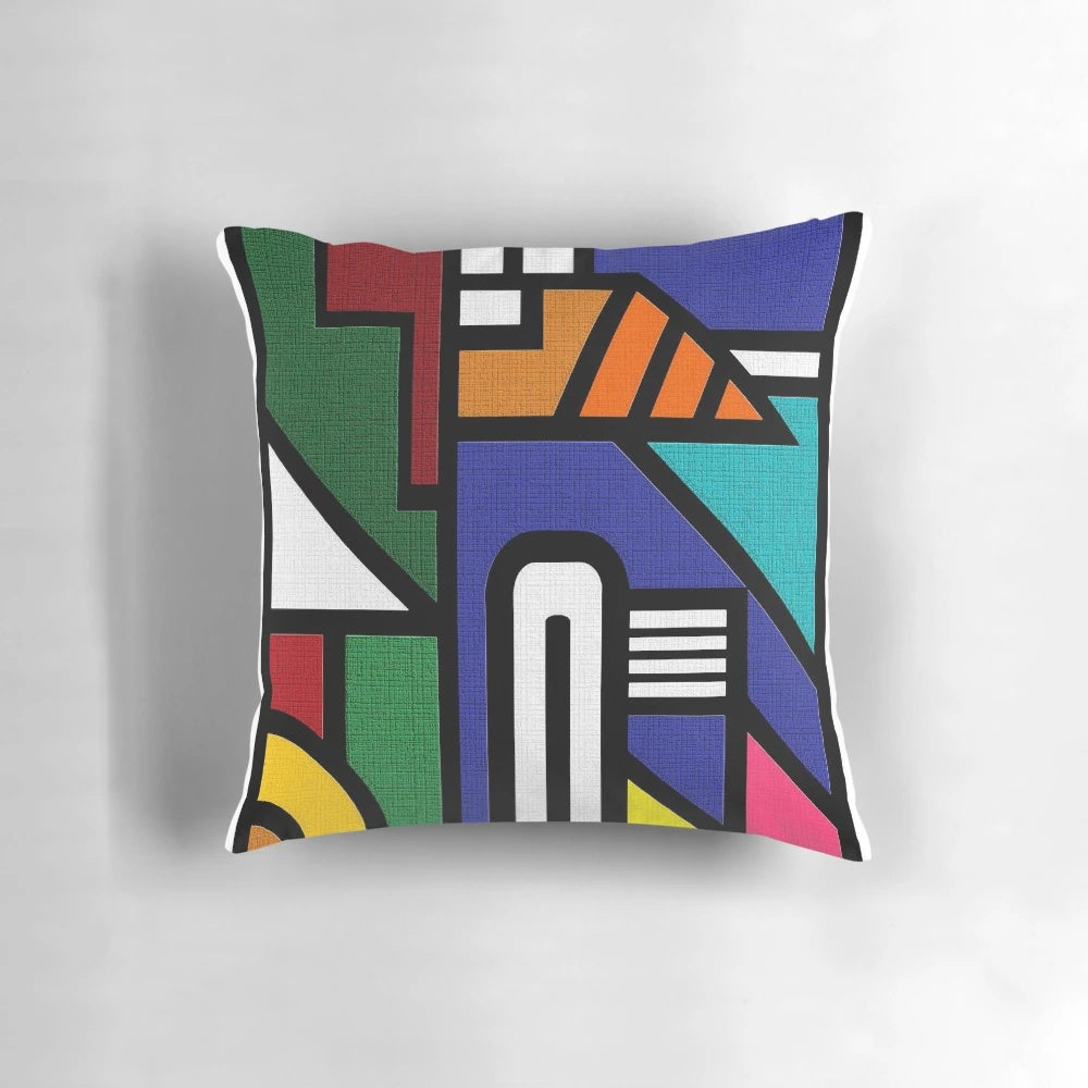 Multicolored decorative pillow featuring Ndebele-inspired geometric patterns