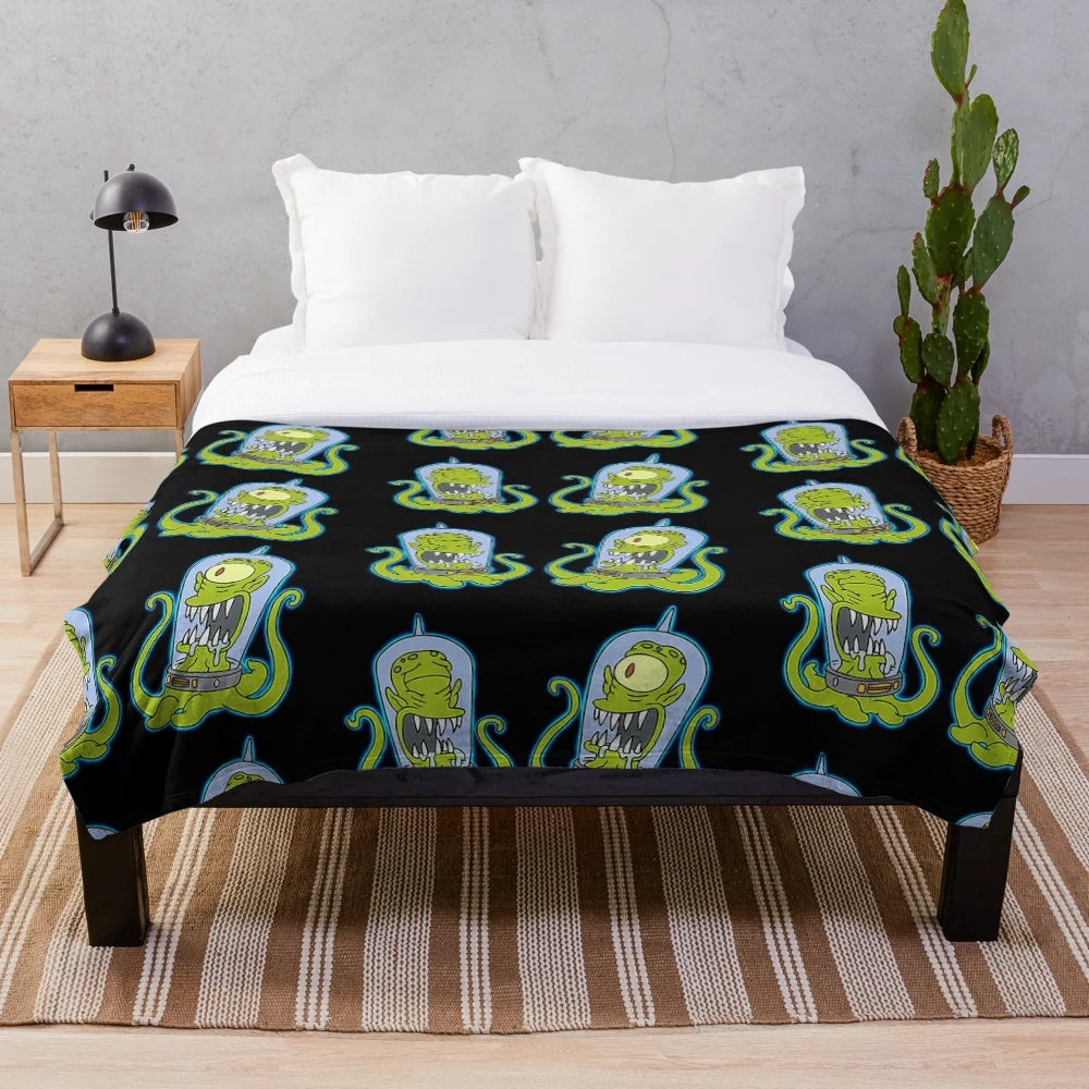 Kang and Kodos inspired colorful plush blanket with neon alien and monster design
