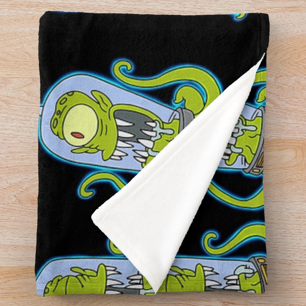 Kang and Kodos inspired colorful plush blanket with neon alien and monster design