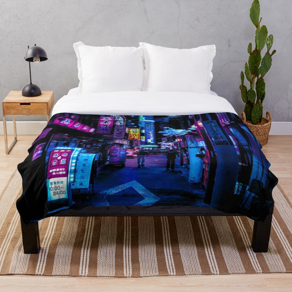 Blue Tokyo Alleys Plush Blanket featuring a cyberpunk-inspired cityscape with neon lights and vibrant colors
