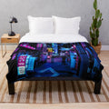 Blue Tokyo Alleys Plush Blanket featuring a cyberpunk-inspired cityscape with neon lights and vibrant colors