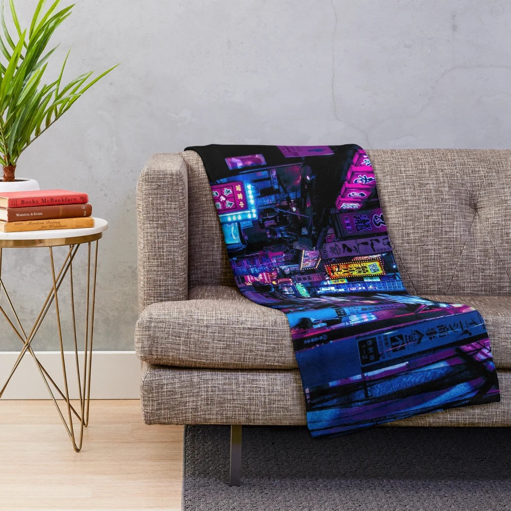 Blue Tokyo Alleys Plush Blanket featuring a cyberpunk-inspired cityscape with neon lights and vibrant colors