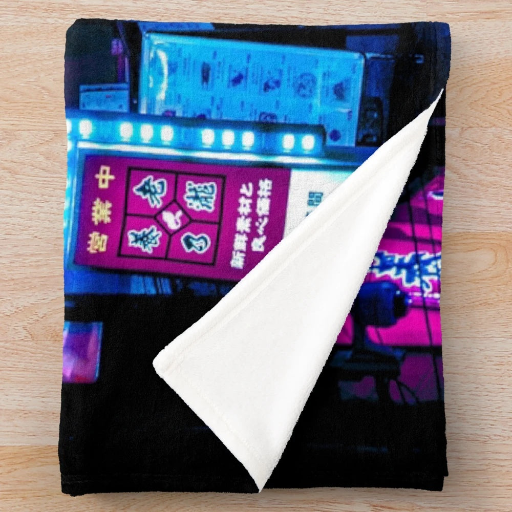 Blue Tokyo Alleys Plush Blanket featuring a cyberpunk-inspired cityscape with neon lights and vibrant colors