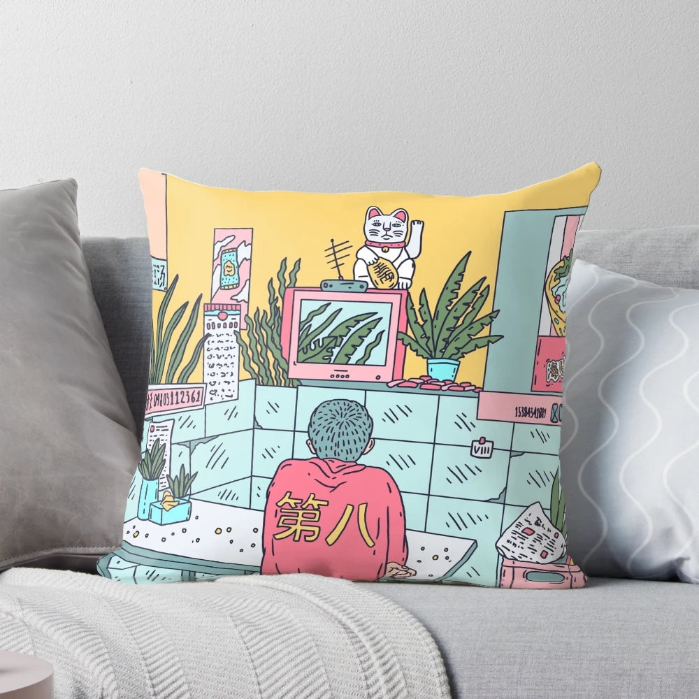 Colorful neon pink, blue, and yellow decorative pillow with Asian-inspired plants and lucky cat design