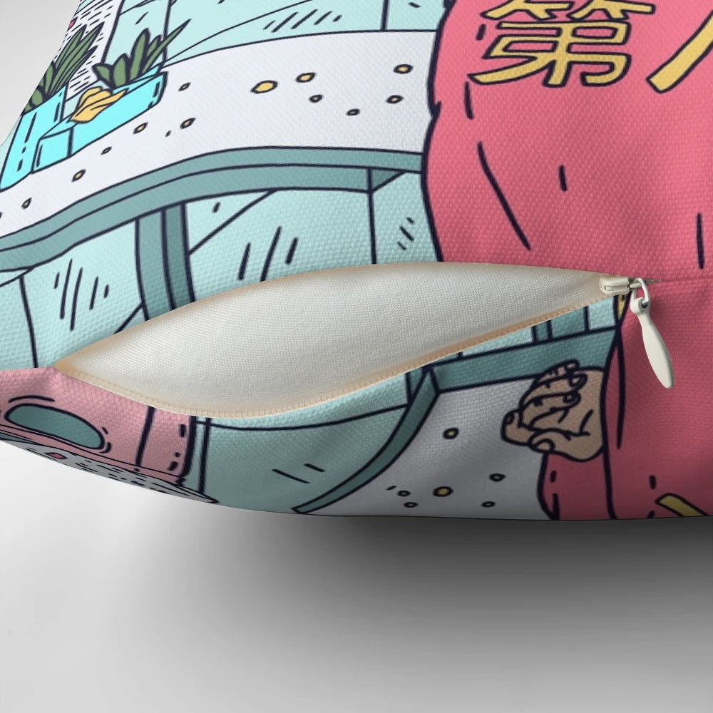 Colorful neon pink, blue, and yellow decorative pillow with Asian-inspired plants and lucky cat design