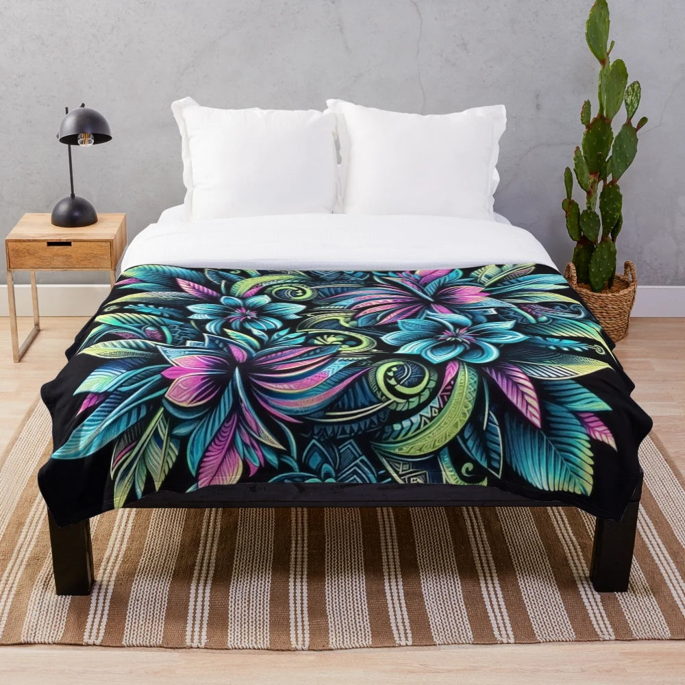 Neon floral plush blanket with vibrant polynesian tribal art design