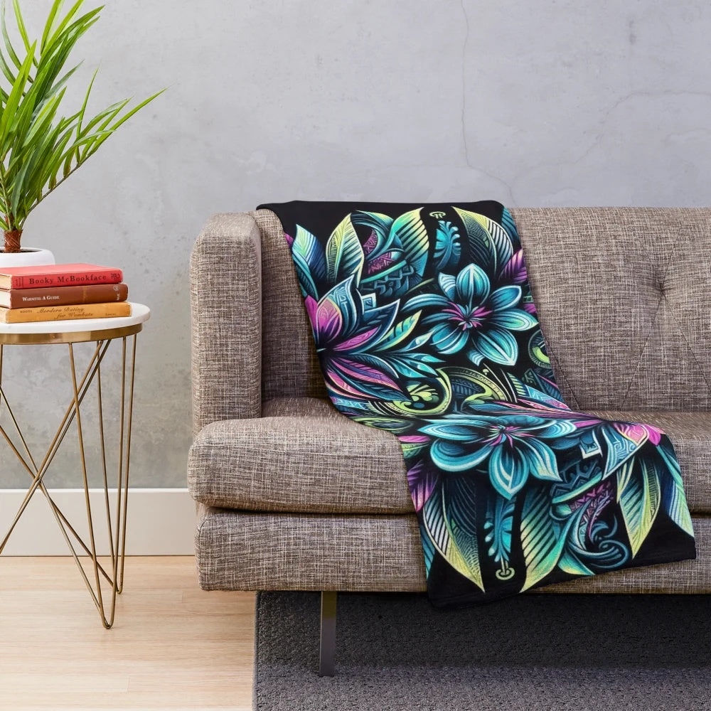 Neon floral plush blanket with vibrant polynesian tribal art design