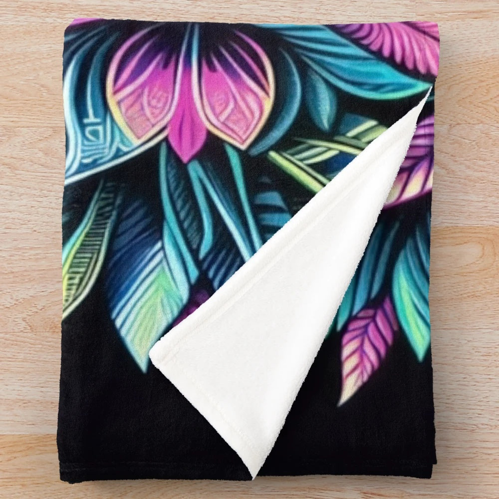 Neon floral plush blanket with vibrant polynesian tribal art design