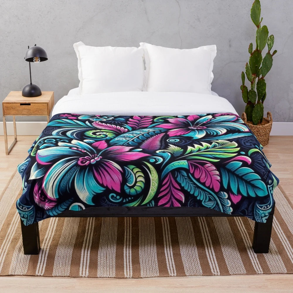 Neon Hibiscus Floral Plush Blanket with Tropical Leaf Motifs