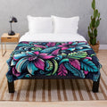 Neon Hibiscus Floral Plush Blanket with Tropical Leaf Motifs