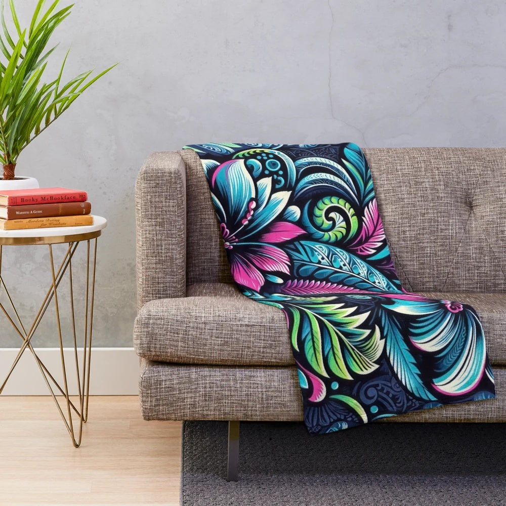 Neon Hibiscus Floral Plush Blanket with Tropical Leaf Motifs
