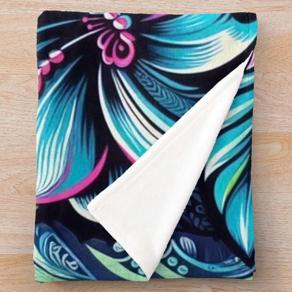 Neon Hibiscus Floral Plush Blanket with Tropical Leaf Motifs