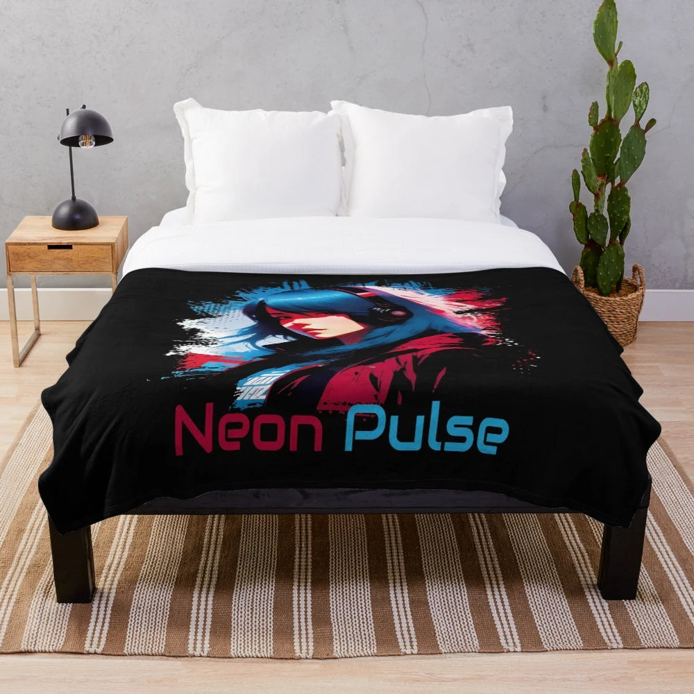 Neon Pulse Plush Blanket with cyberpunk, anime-inspired design