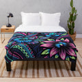 Neon Tribal Garden Plush Blanket with Vibrant Polynesian Floral Pattern