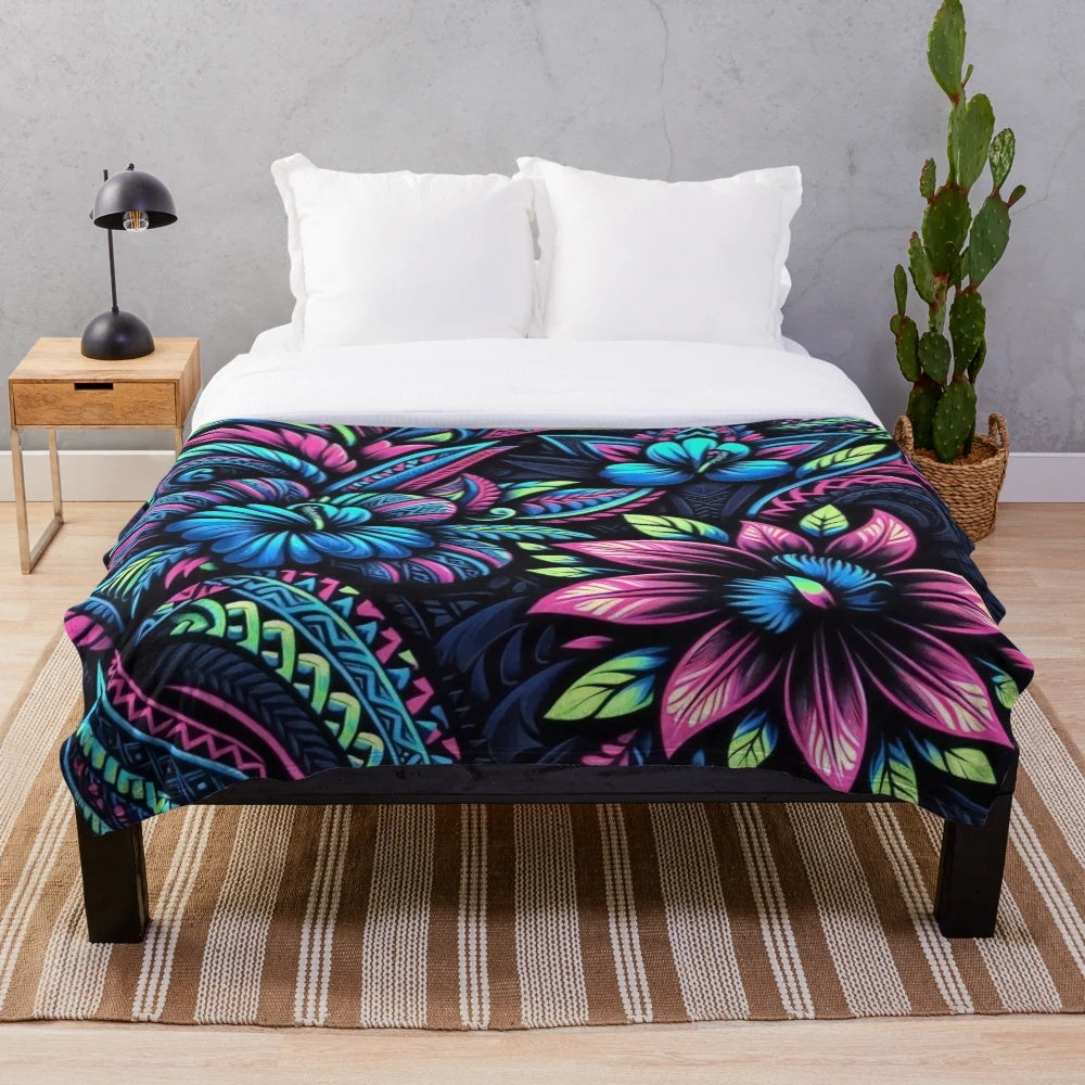 Neon Tribal Garden Plush Blanket with Vibrant Polynesian Floral Pattern