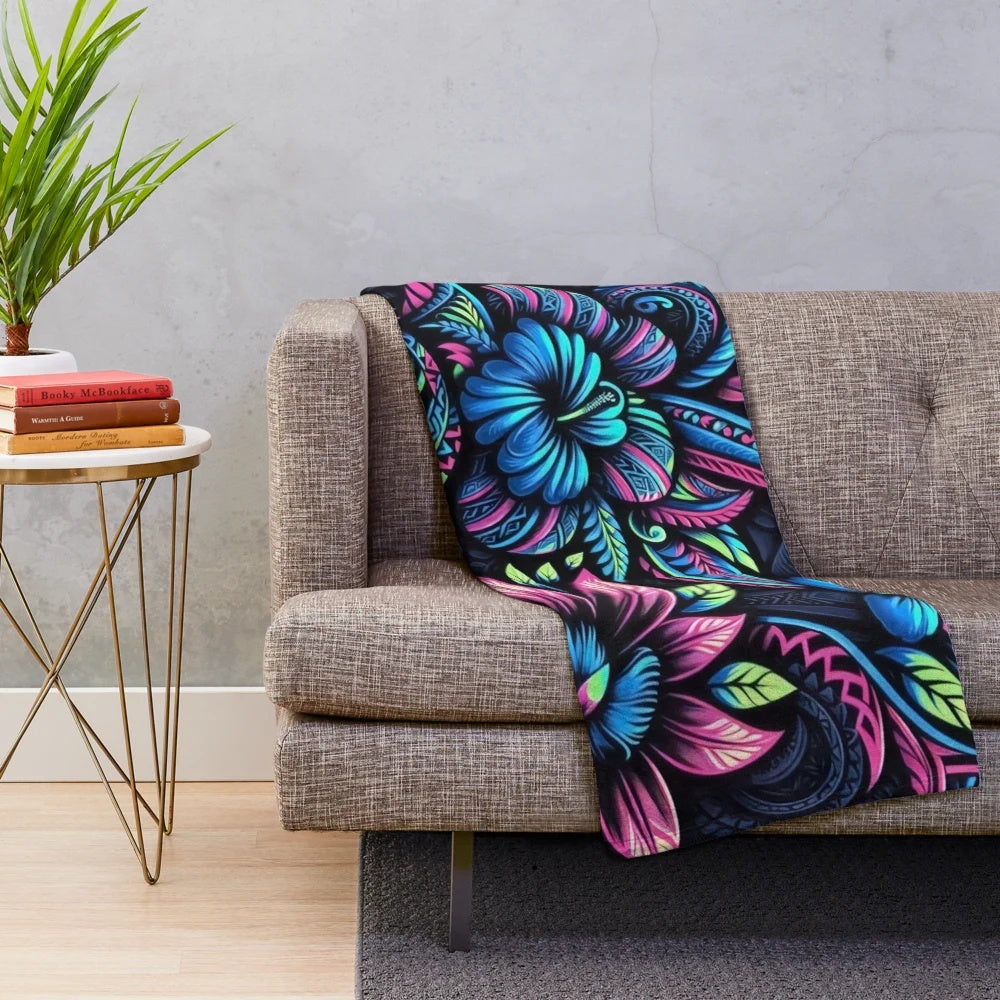 Neon Tribal Garden Plush Blanket with Vibrant Polynesian Floral Pattern