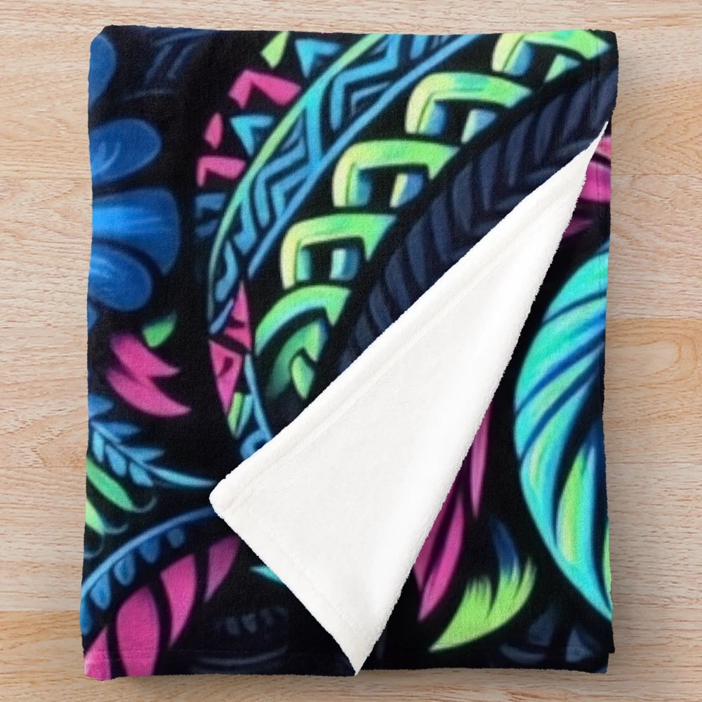 Neon Tribal Garden Plush Blanket with Vibrant Polynesian Floral Pattern