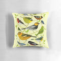 A colorful digital illustration of various New World warbler species on a decorative pillow.