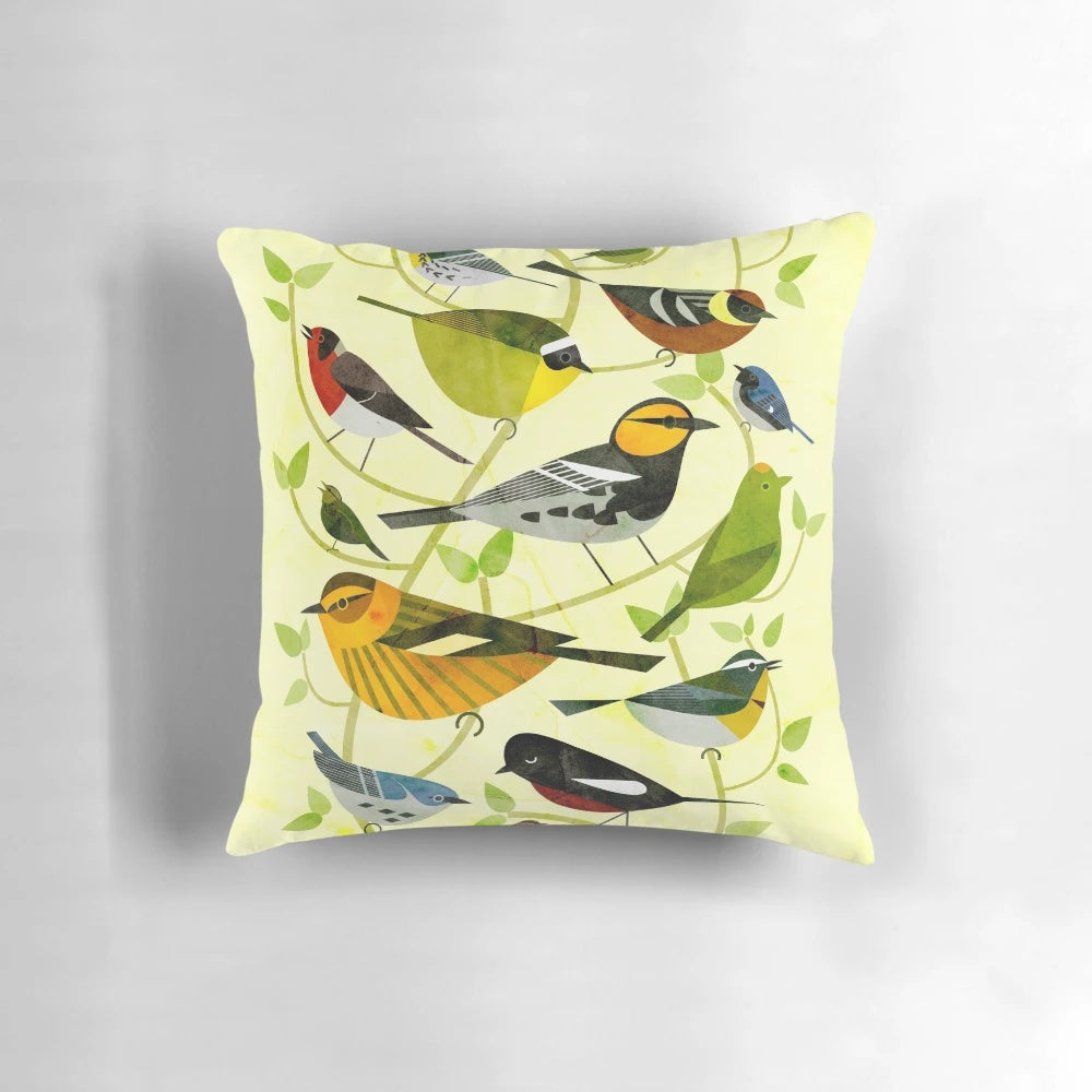 A colorful digital illustration of various New World warbler species on a decorative pillow.